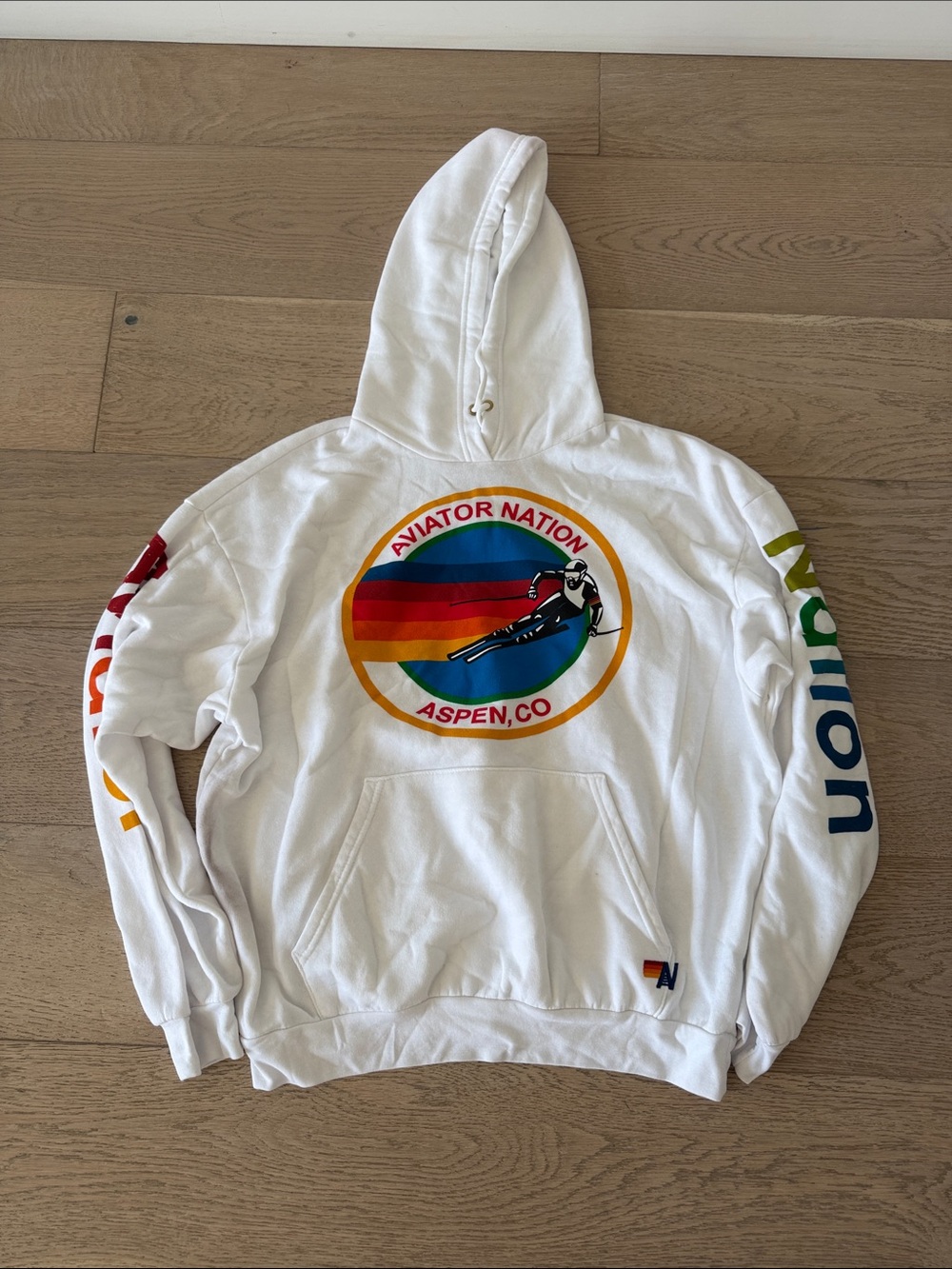 Aviator Nation White Hoodie with Rainbow Logo